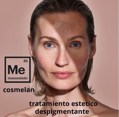 Mujer con piel radiante, texto sobre tratamiento estético despigmentante.